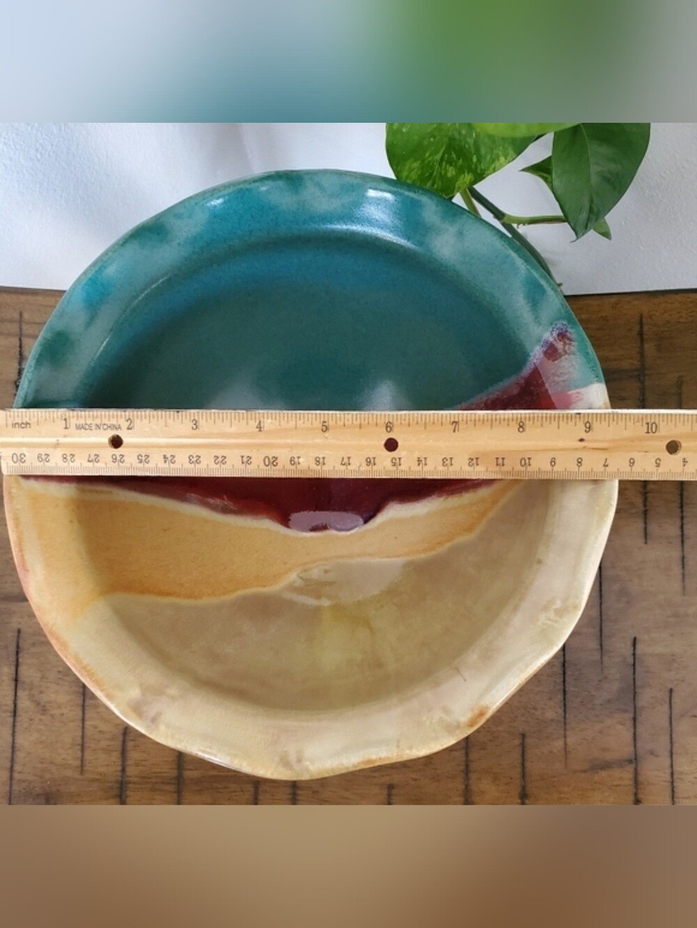 Vintage Walt Glass Studio Pottery Texas Sunset Ruffled Bowl & Spoon Rest Tray - Picture 9 of 12